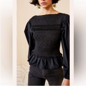 NWT Ulla Johnson Amelia Black Smocked Ruffled Textured Designer Blouse Size 00